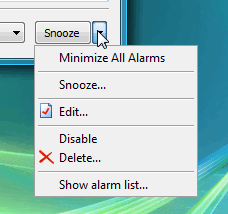 There are additional actions available for alarms, click the arrow right to the Snooze button in the alarm message window to see the advanced alarm menu