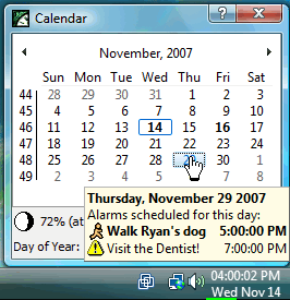 Click the clock once to open 1- or 2-months calendar view. Find the difference between dates. Use the calendar to review and add alarms. 