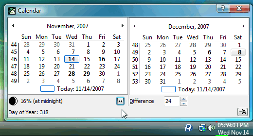 Click the clock once to open 1- or 2-months calendar view. Find the difference between dates. Use the calendar to review and add alarms. 